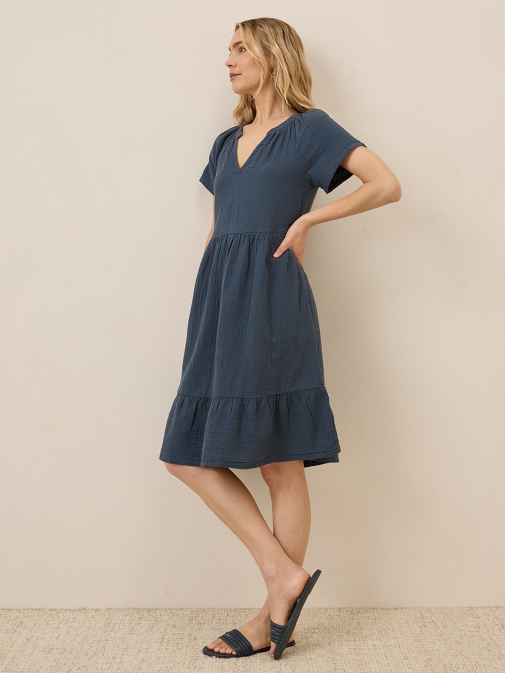 Pact Blue Tiered Gauze V-Neck Short Sleeve Dress - Size M